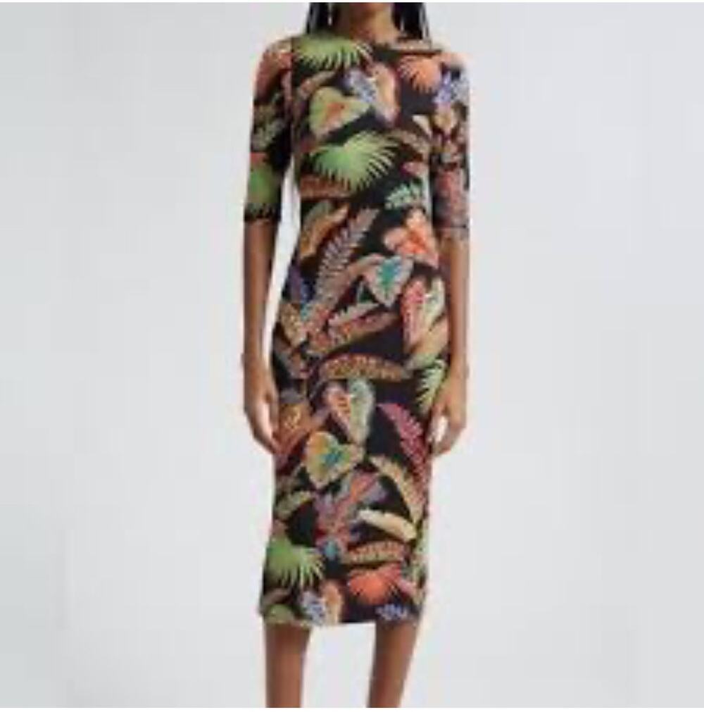 Farm Rio Women Floral 3/4 sleeve Dress Sz.XS Black NWT Cool Foliage Jersey Midi